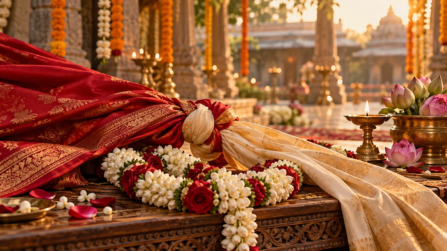 Jasmine garlands and wedding silks tied in a Hindu gathbandhan knot