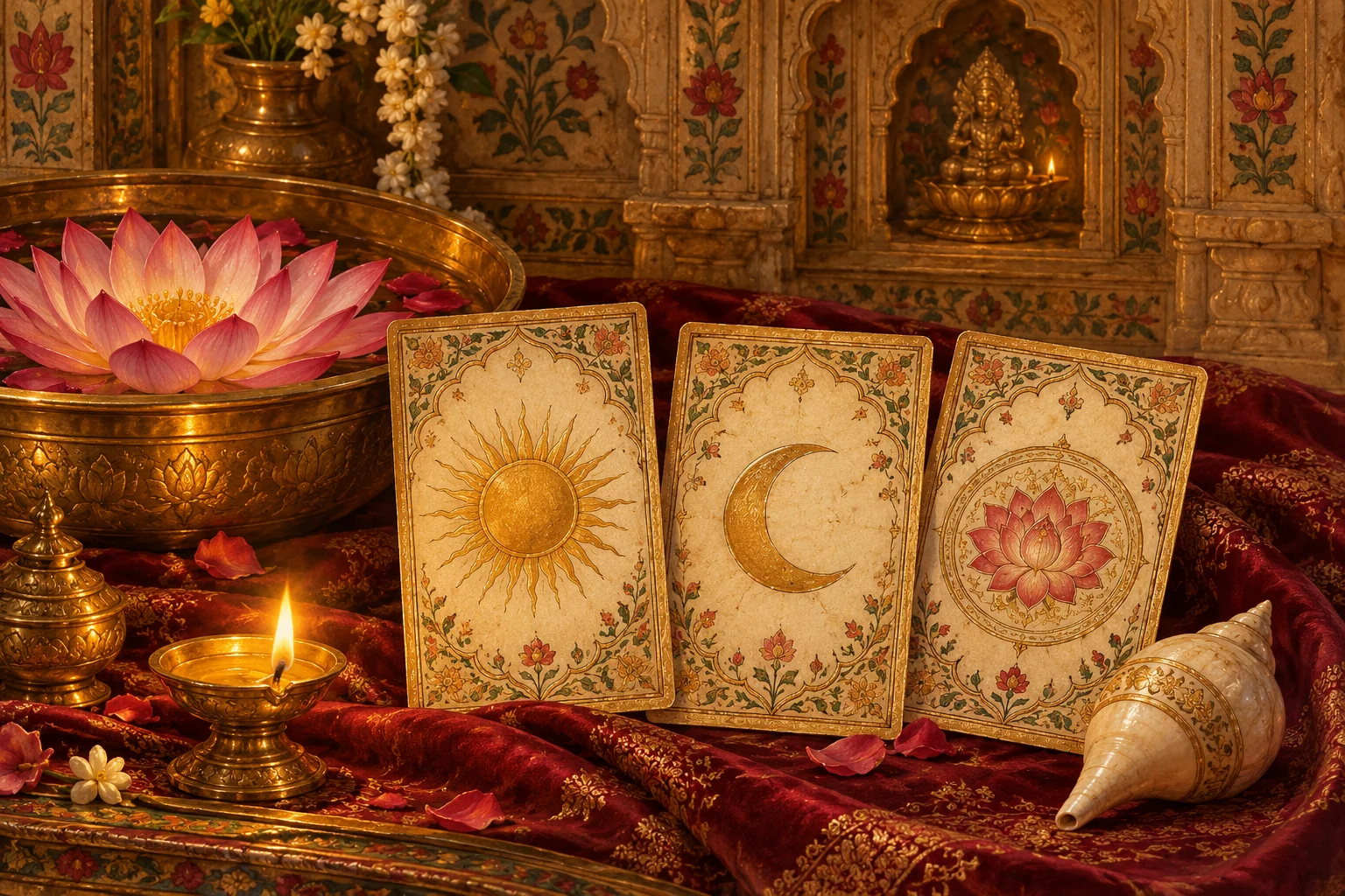 Lotus, sun and moon symbols in a hand-painted Indian devotional setting