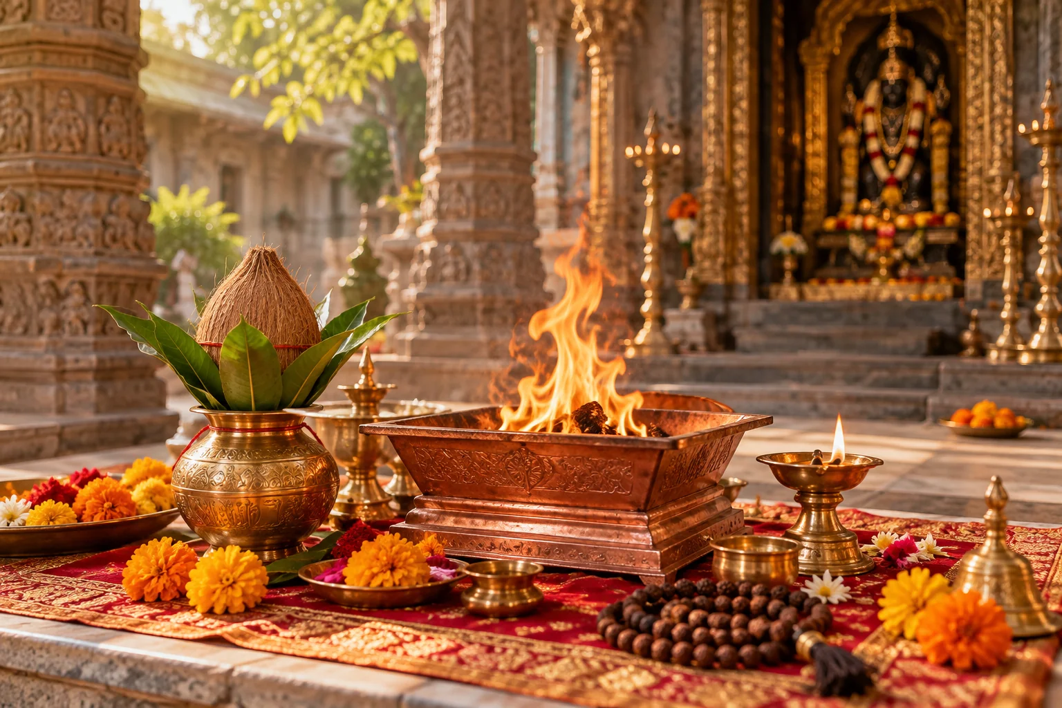 A traditional havan kund, kalash and marigold flowers in a temple courtyard