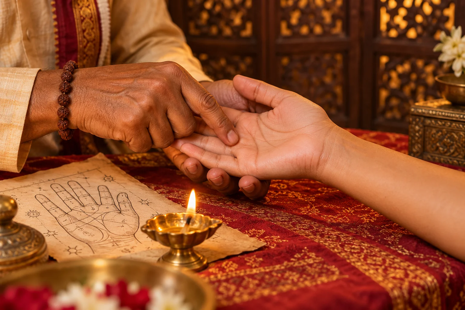 An open palm being examined in a traditional Indian palm reading setting