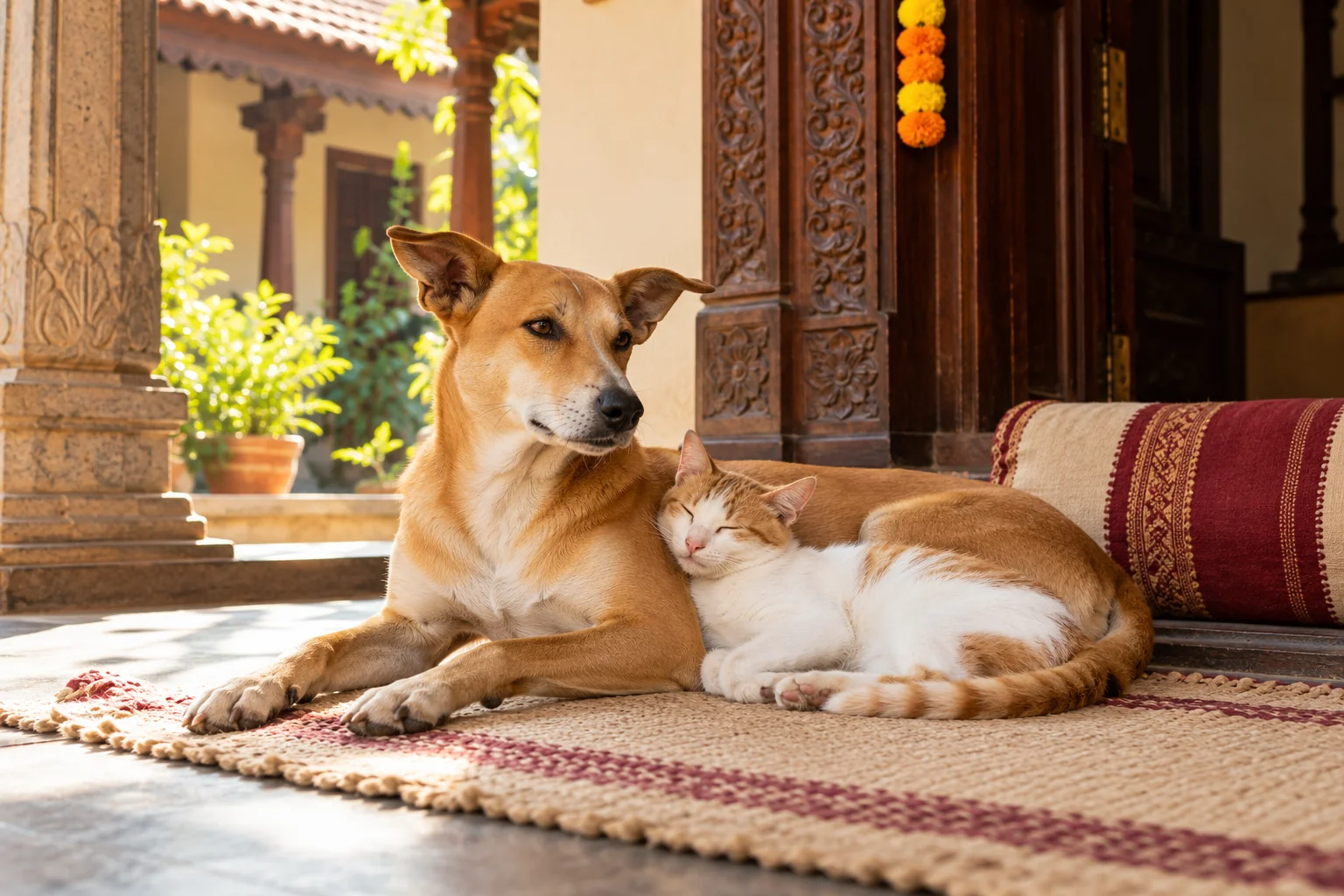 A dog and cat resting together in a peaceful traditional Indian veranda