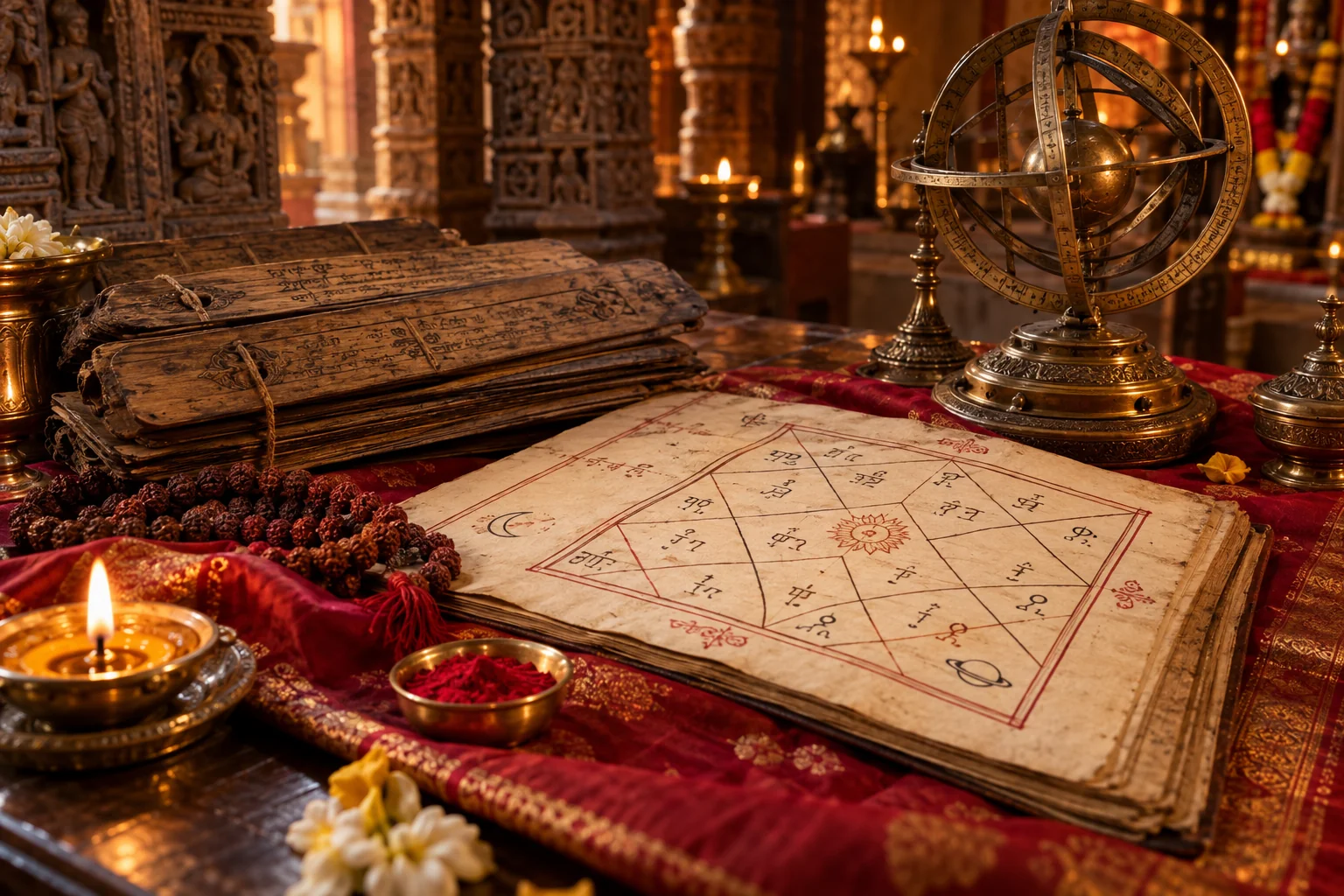 Traditional jyotish manuscripts, an Indian horoscope chart and a brass diya